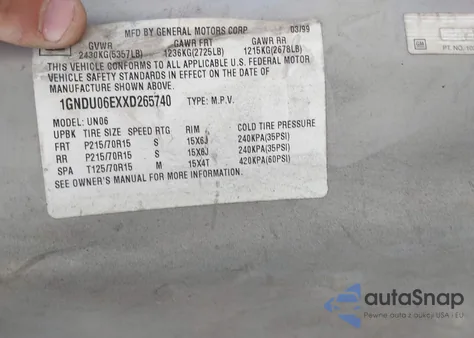 1999 Chevrolet Venture из США, поврежденный, VIN 1GNDU06EXXD265740